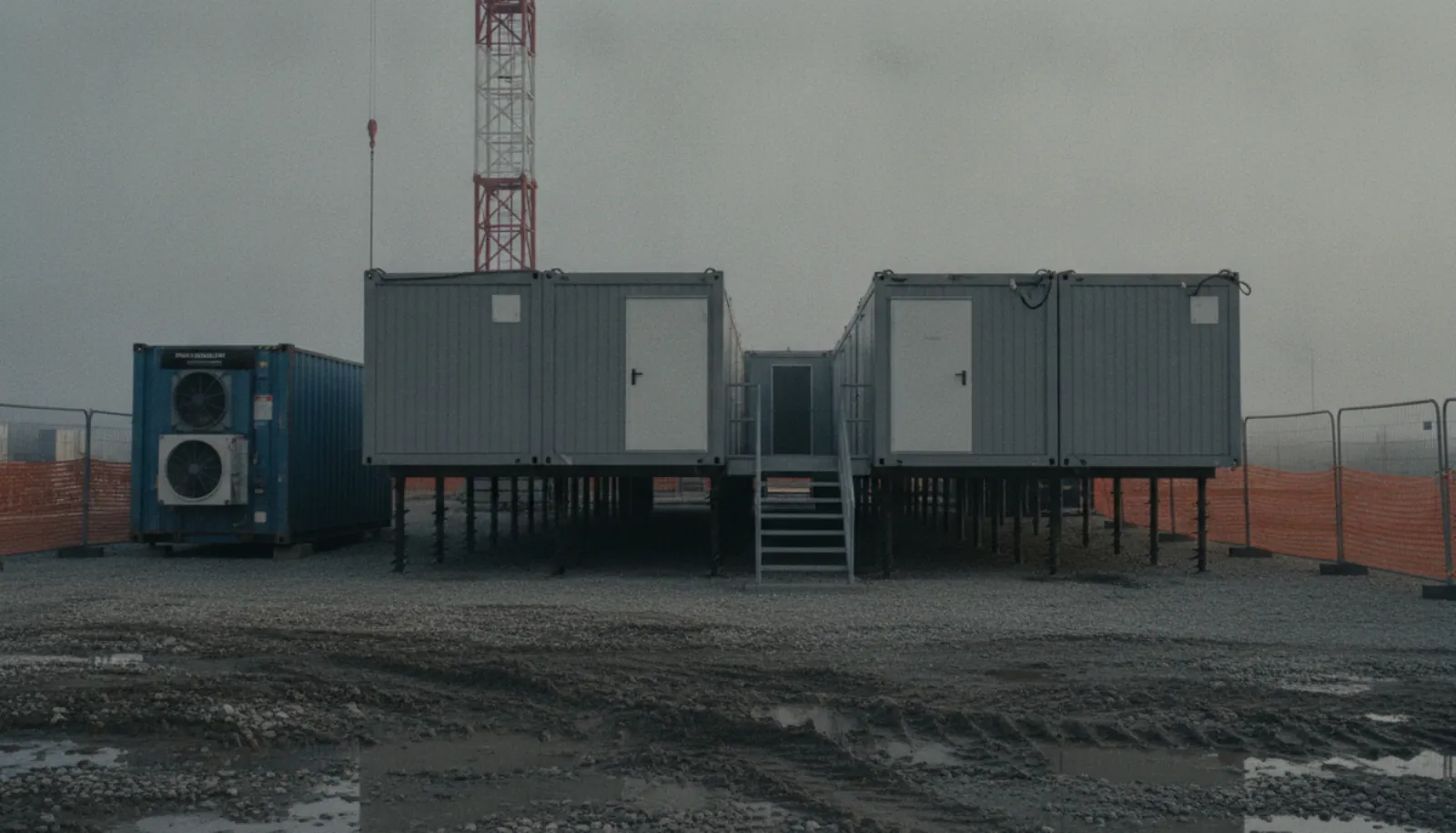 Base vie de chantier à l'aube sous un ciel couvert : deux rangées de modules sur pieux, escalier extérieur, container frigorifique, grue à tour, pistes boueuses.