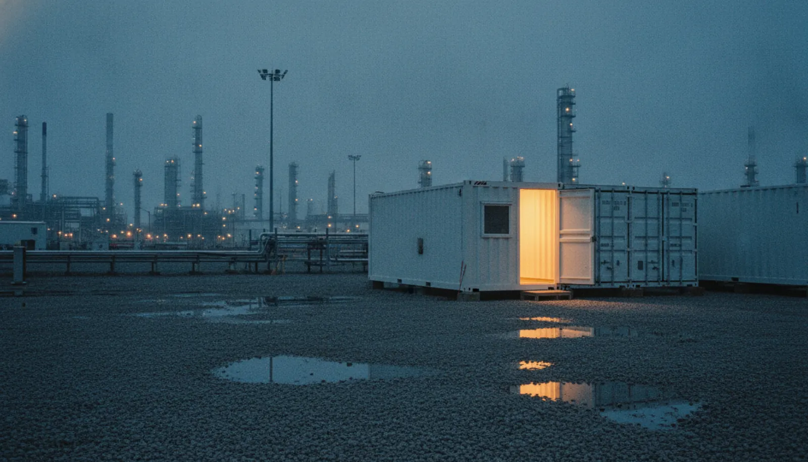 Modules containers de restauration installés sur le gravier d'un site pétrochimique à l'heure bleue, la porte d'un module ouverte laissant échapper une lumière chaude.