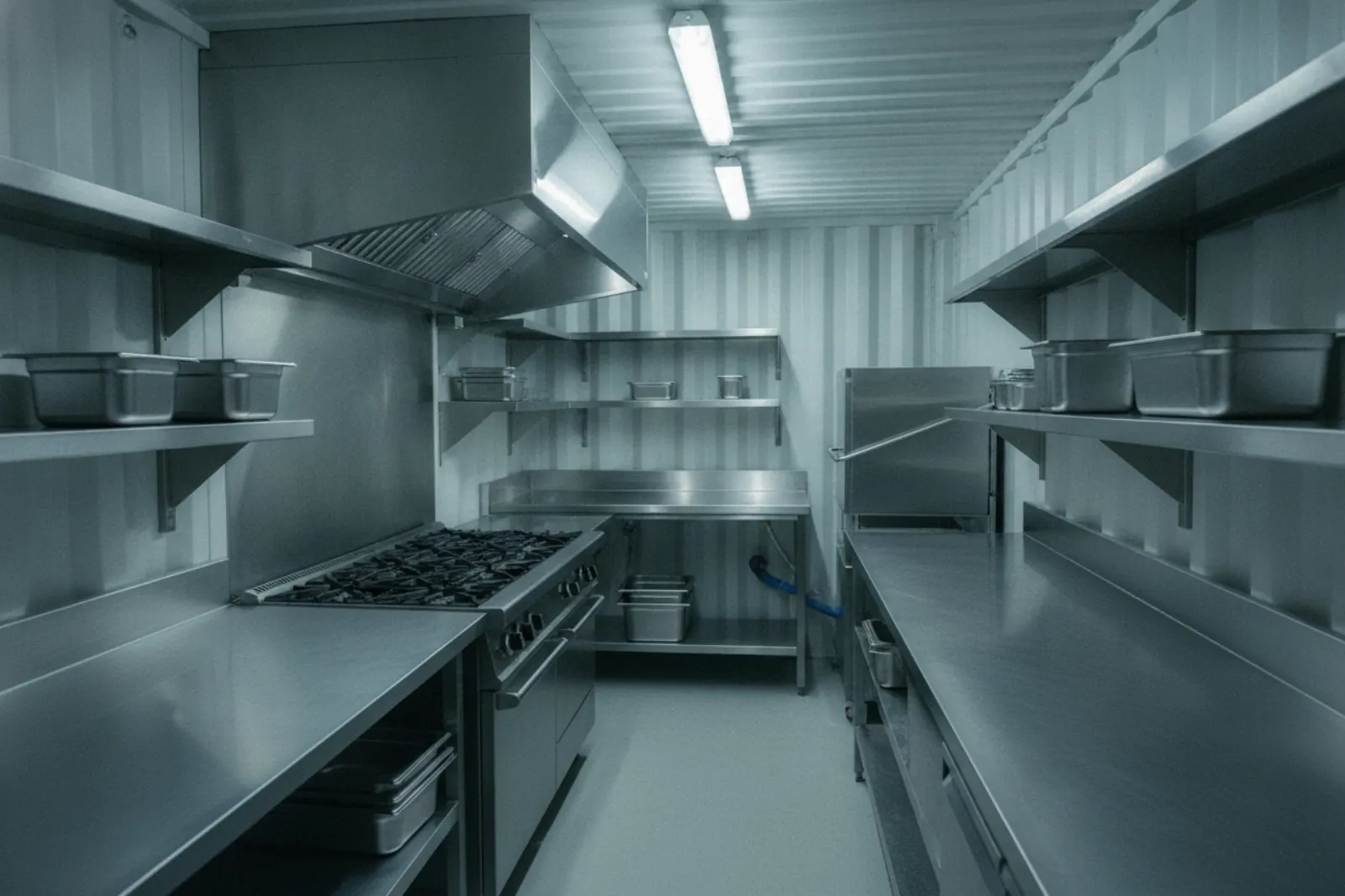 Intérieur d'une cuisine professionnelle en inox aménagée dans un container : fourneaux, lave-vaisselle à capot, étagères murales, hotte d'extraction.